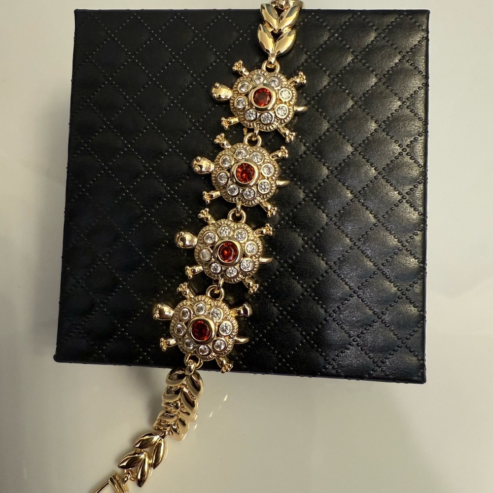 Gold filled Turtle Bracelet with Red and Clear Accents